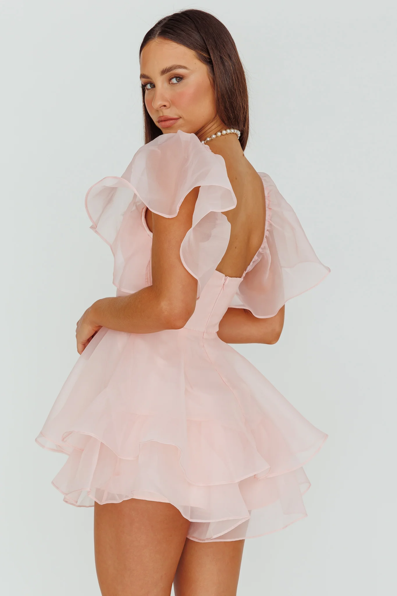 Aphrodite Angel Sleeve Layered Romper Pink - Ruaus