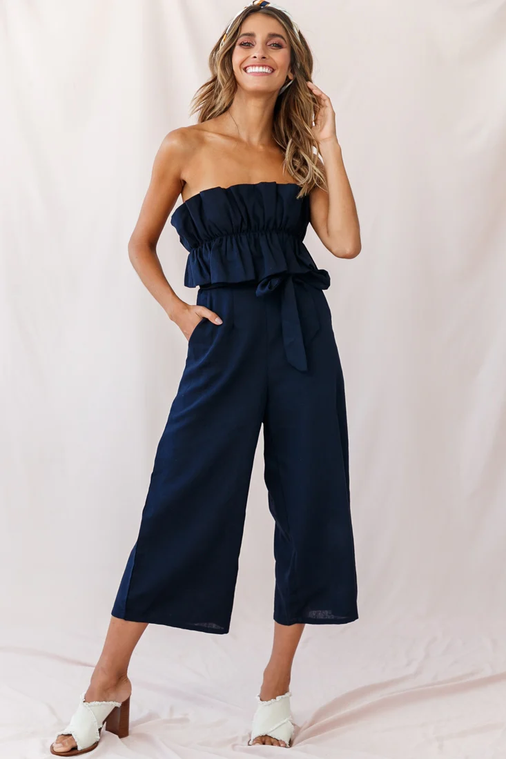 Thea Ruffle Crop Top Jumpsuit Navy - Ruaus