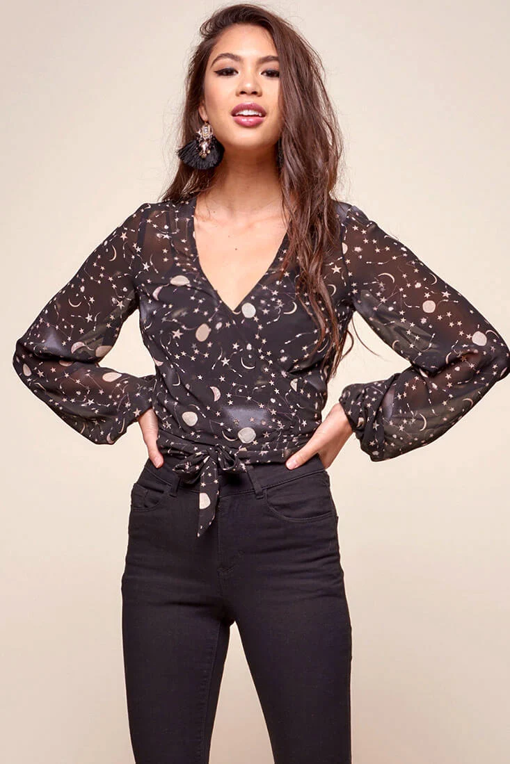 Celeste Galaxy Star Print Wrap Top Black - Ruaus