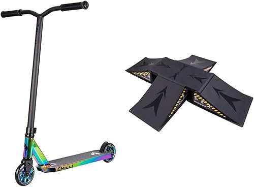 Chilli Scooter Rocky neochrome Stuntscooter | ideal & HUDORA Skater Rampe 5-teilig - Skateboard Rampe - Inline Skates Rampe - Outdoor/Indoor - Skaterrampe Set - Ruaus