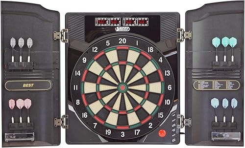 Best Sporting Dartscheibe elektronisch Oxford 2.0 I elektronische Dartscheibe mit LED-Anzeigen I E-Dartscheibe mit 12 Dartpfeilen & Ersatzspitzen I Dartboard Kabinett mit Walnuss-Optik - Ruaus