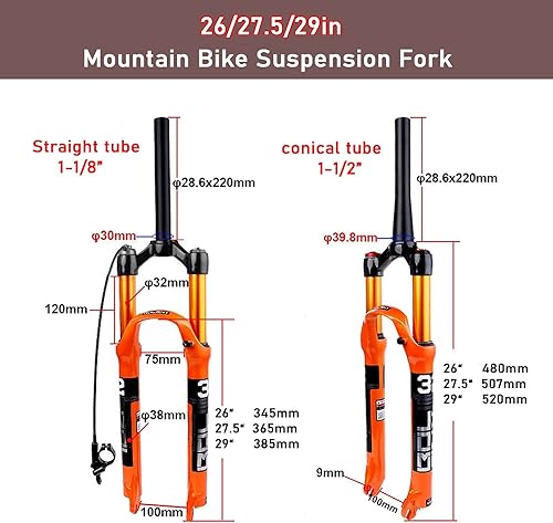 SJHFG Air Mountainbike Federgabel,Federweg 120mm Ultraleichte Aluminiumlegierung 26/27.5/29in Mountainbike-Federgabel Federung - Ruaus