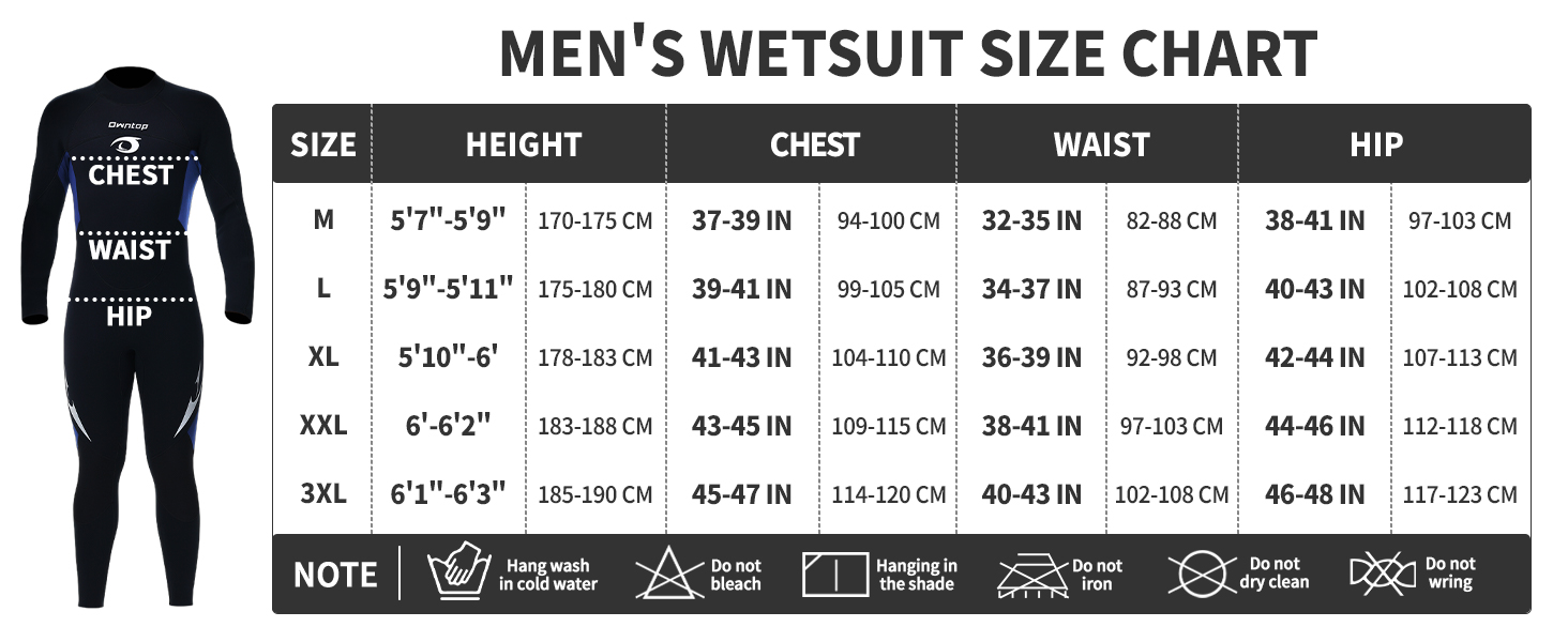 Owntop 5/4mm Neoprenanzüge für Männer size chart