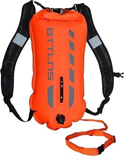 BTTLNS Schwimmboje 28L mit Tragegurte | Aufblasbare Triathlon Boje | Wasserdichter Rucksäcke | für Schwimmer und Triathleten | Höchst Sichtbar bei Freiwasser | Rucksackboje | Kronos 1.0 | Orange - Ruaus