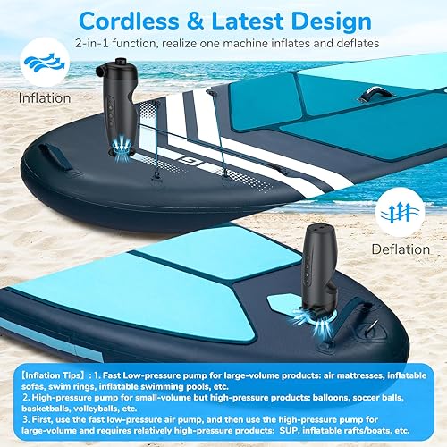 SUP Electric Air Pump - 20PSI Paddle Board - 15W Low/High Pressure, with 8 Nozzles for Inflating/Deflating - 3000 mAh, for Kayak, Camping Air Mattresses, Sports Balls, Swimming - Ruaus