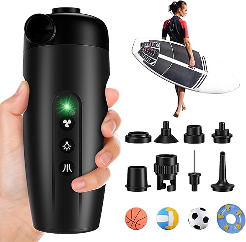 SUP Electric Air Pump - 20PSI Paddle Board - 15W Low/High Pressure, with 8 Nozzles for Inflating/Deflating - 3000 mAh, for Kayak, Camping Air Mattresses, Sports Balls, Swimming - Ruaus