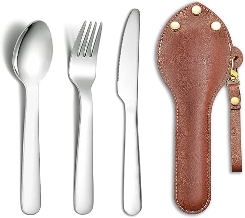 Berglander tragbares Camping Besteck Set 3-teiliges mit Lederbeutel leicht in der Tasche zu tragen, Edelstahlmesser, Löffel und Gabel Set perfekt für Schule, Arbeit, Bauernhof, Picknick, Reisen - Ruaus