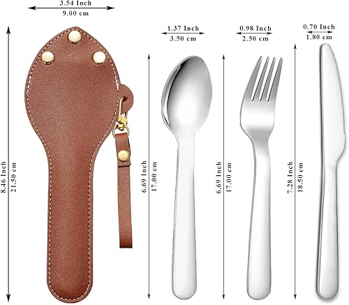 Berglander tragbares Camping Besteck Set 3-teiliges mit Lederbeutel leicht in der Tasche zu tragen, Edelstahlmesser, Löffel und Gabel Set perfekt für Schule, Arbeit, Bauernhof, Picknick, Reisen - Ruaus