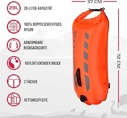 BTTLNS Schwimmboje 28L mit Tragegurte | Aufblasbare Triathlon Boje | Wasserdichter Rucksäcke | für Schwimmer und Triathleten | Höchst Sichtbar bei Freiwasser | Rucksackboje | Kronos 1.0 | Orange - Ruaus